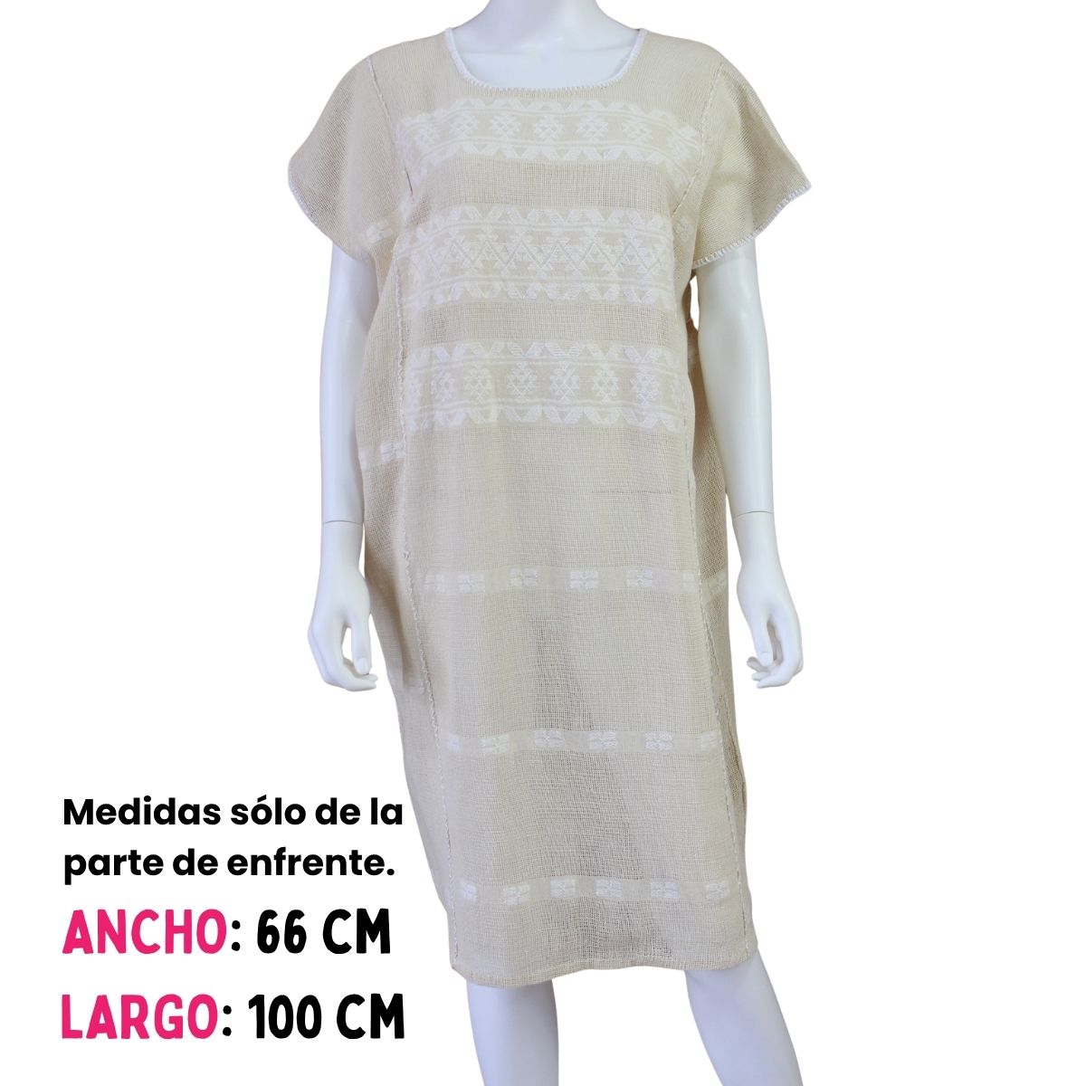 Vestido Hecho a Mano Mod. Amuzgo Beige con Blanco Unitalla.