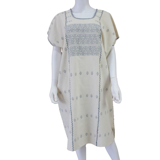 Vestido/Huipil Hecho a Mano Beige con Gris Mod. Amuzgos Tradicional Unitalla