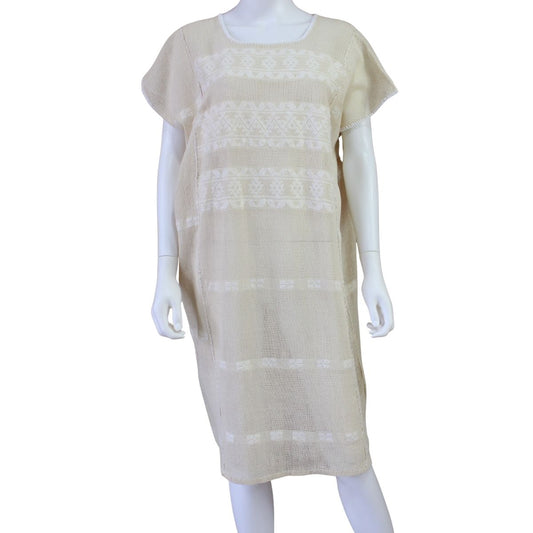 Vestido Hecho a Mano Mod. Amuzgo Beige con Blanco Unitalla.