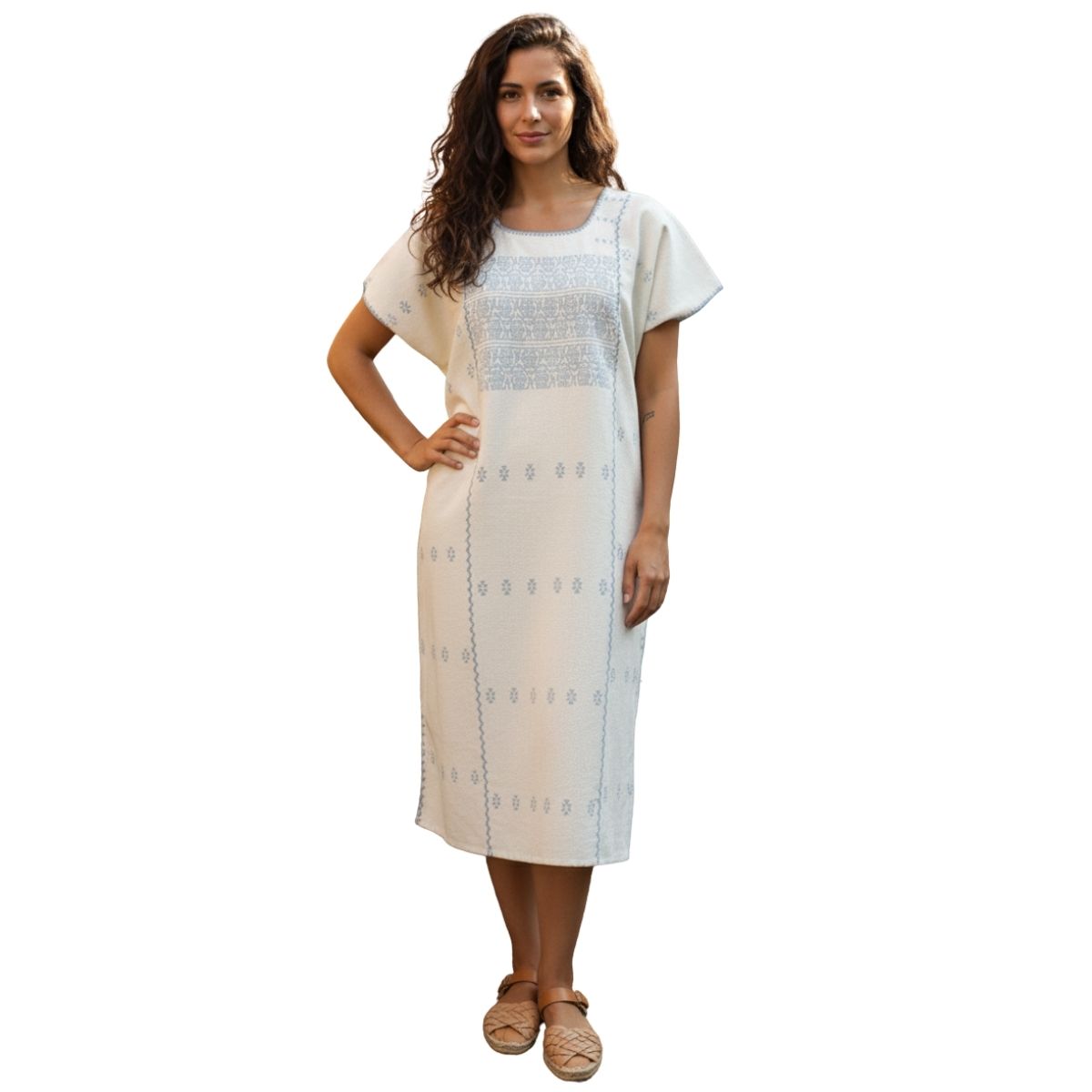 Vestido/Huipil Hecho a Mano Beige con Gris Mod. Amuzgos Tradicional Unitalla