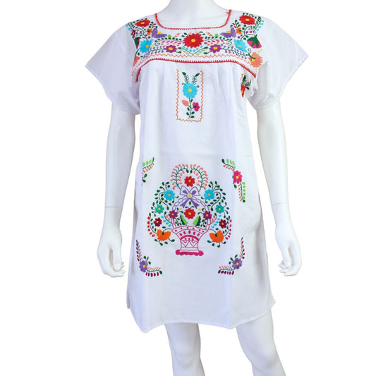 Minivestido Mexicano Bordado a Mano Multicolor/Popelina T-L