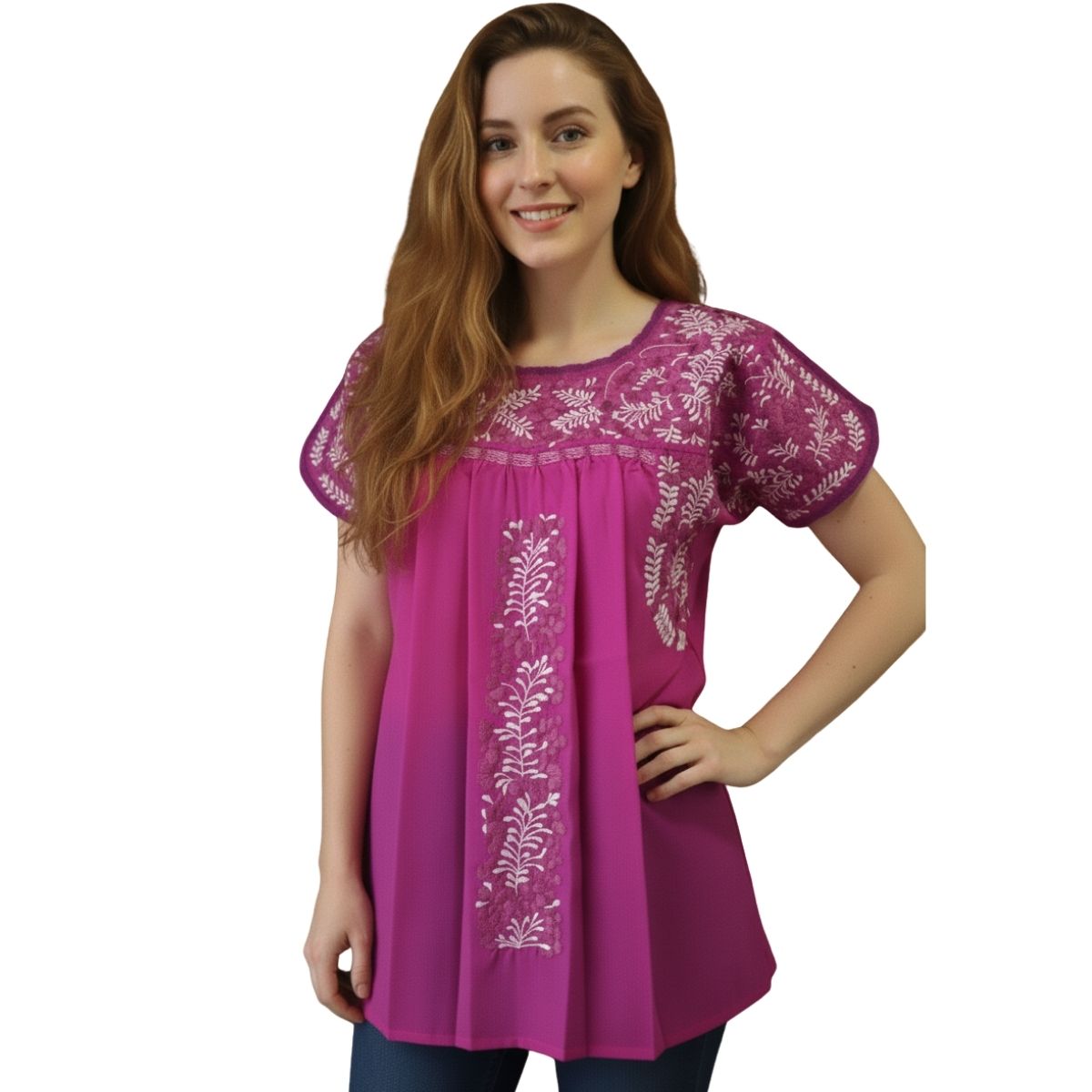 Blusa Bordada a Mano Rosa con Palo de Rosa y Blanco Mod. San Antonino Unitalla.