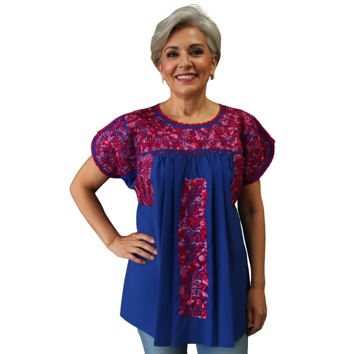 Blusa Bordada a Mano Azul Rey con Fiusha Matizado Mod. San Antonino Unitalla.