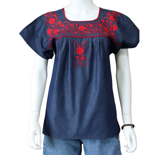 Blusa Bordada a Mano Mod. Donají Mezclilla.