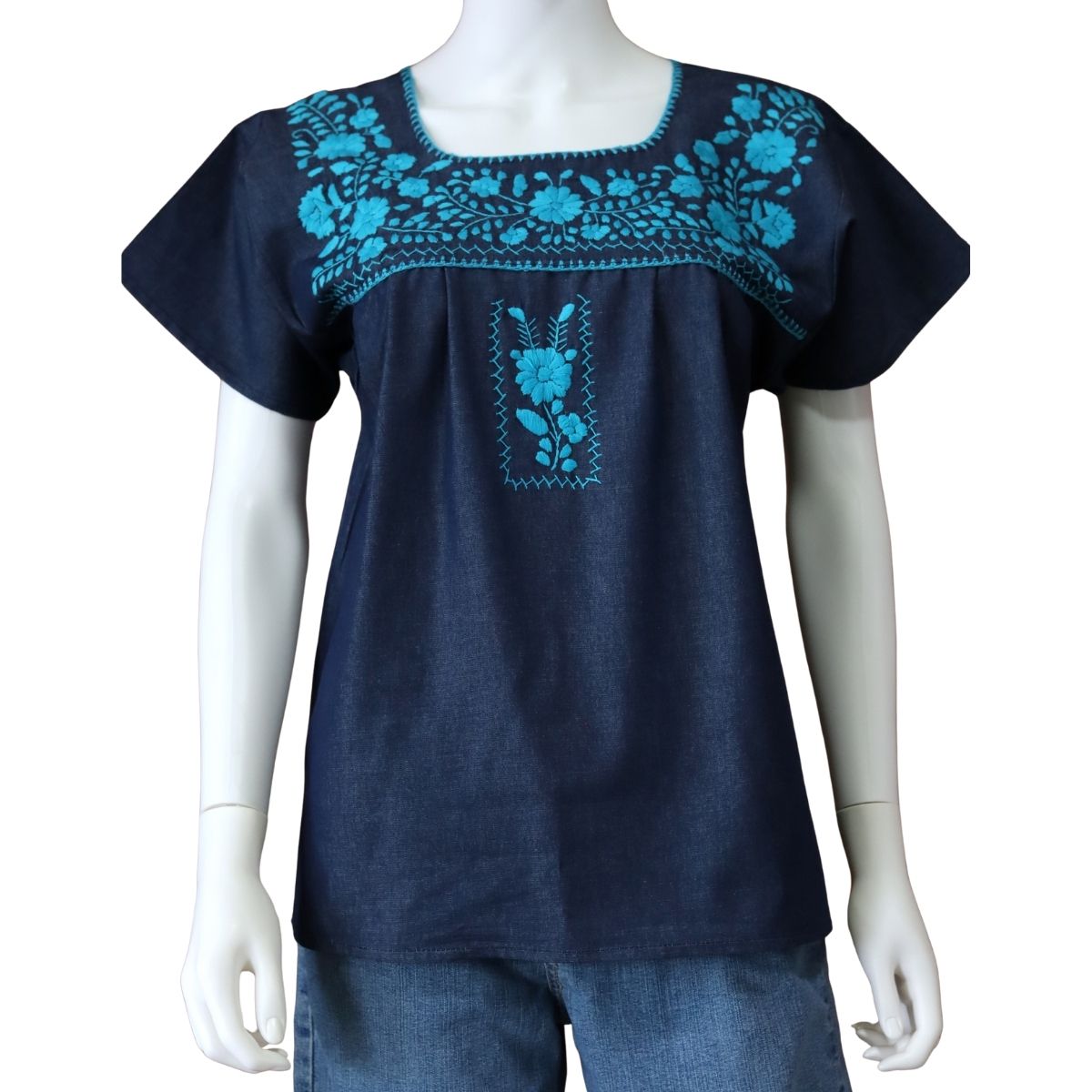 Blusa Bordada a Mano Mod. Donají Mezclilla.