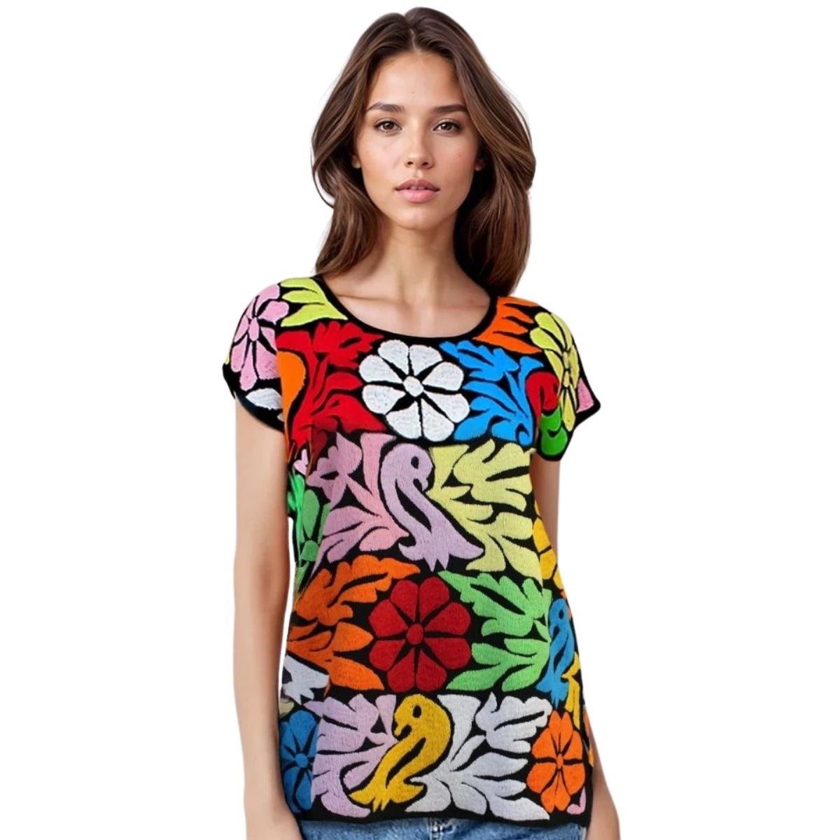 Blusa Bordada a Mano Mod. Jalapa Negro/multicolor 1 Unitalla.