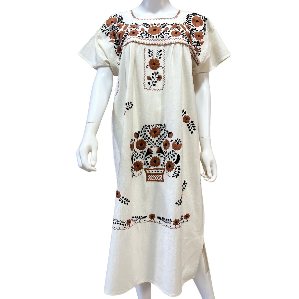 Vestido Mexicano Manta Bordado a Mano Talla M