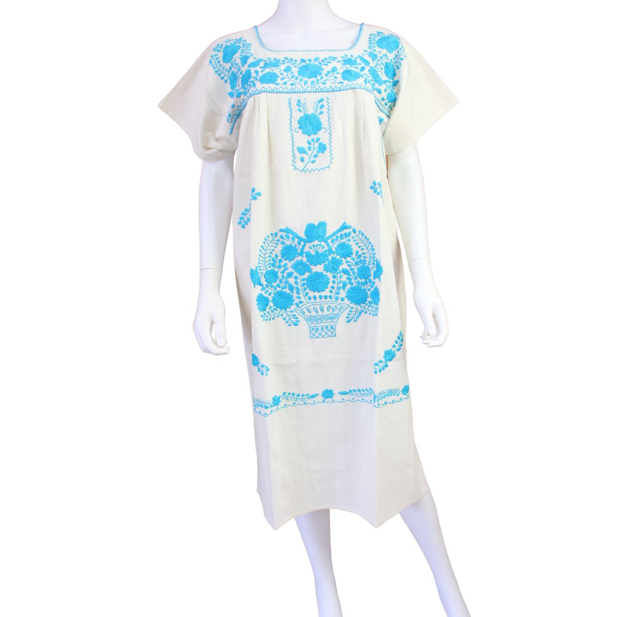 Vestido Mexicano Manta Bordado a Mano Talla M