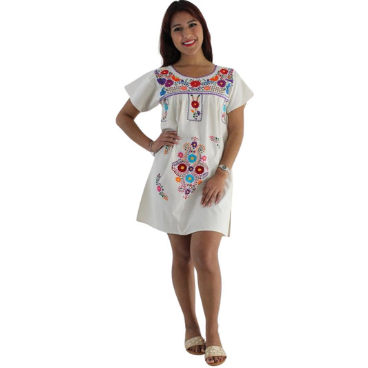 Minivestido Mexicano Bordado a Mano Multicolor Manta