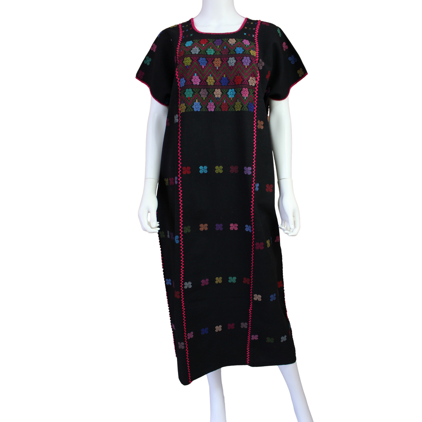 Vestido/Huipil Hecho a Mano Mod. Amuzgo 3 Tiras Negro con Multicolor Unitalla.