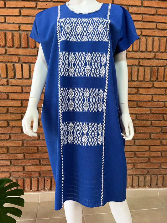 Vestido/Huipil Hecho a Mano Azul Rey con Blanco Mod. Cotzocón Unitalla.