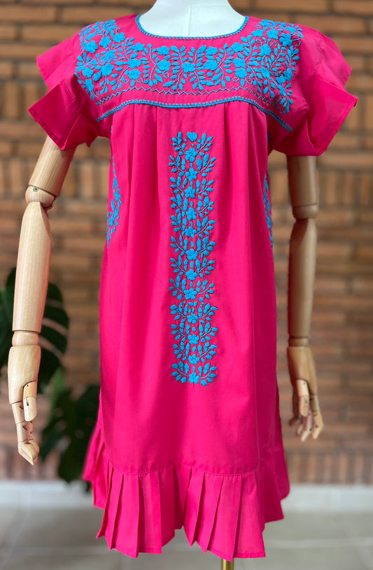 Vestido Mexicano Bordado a Mano Mod. Orquidea Popelina Talla Chica. (Multicolores)