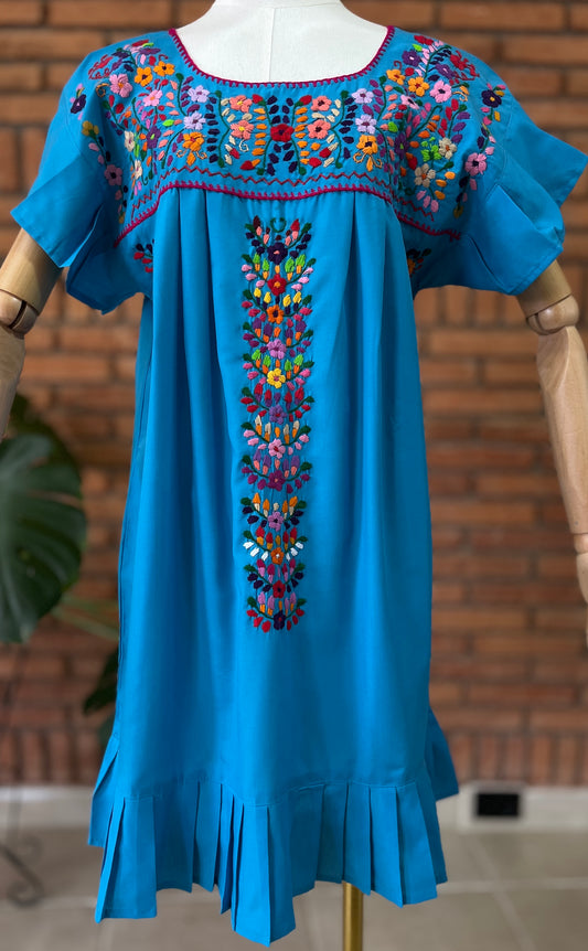 Vestido Mexicano Bordado a Mano Mod. Orquidea Popelina Talla M. (Multicolores)
