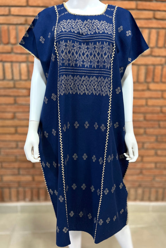 Vestido/Huipil Hecho a Mano Mod. Amuzgo 3 Tiras Azul Marino con Caqui Unitalla.
