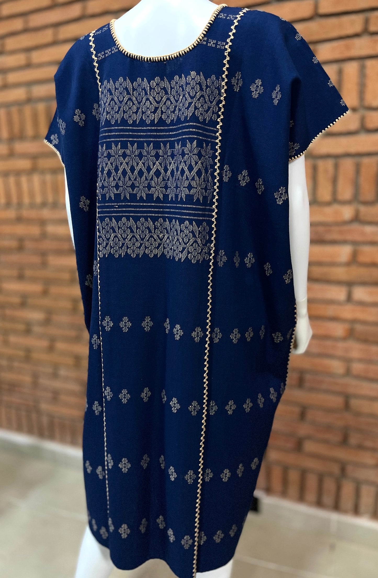 Vestido/Huipil Hecho a Mano Mod. Amuzgo 3 Tiras Azul Marino con Caqui Unitalla.
