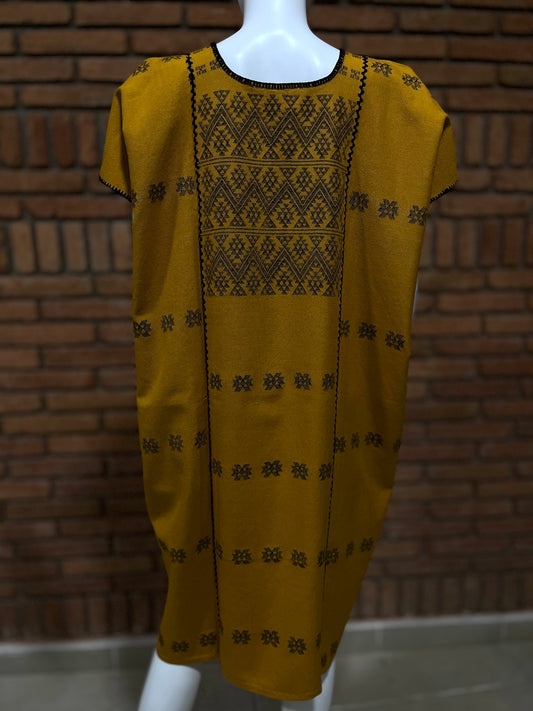 Vestido/Huipil Hecho a Mano Mod. Amuzgo 3 Tiras Mostaza con Negro Unitalla.