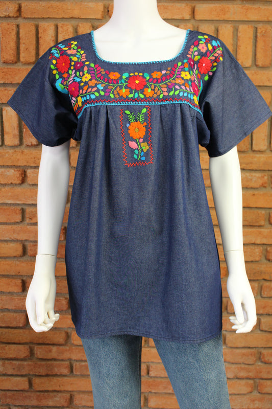 Blusa Bordada a Mano Multicolor Mod. Donají Mezclilla