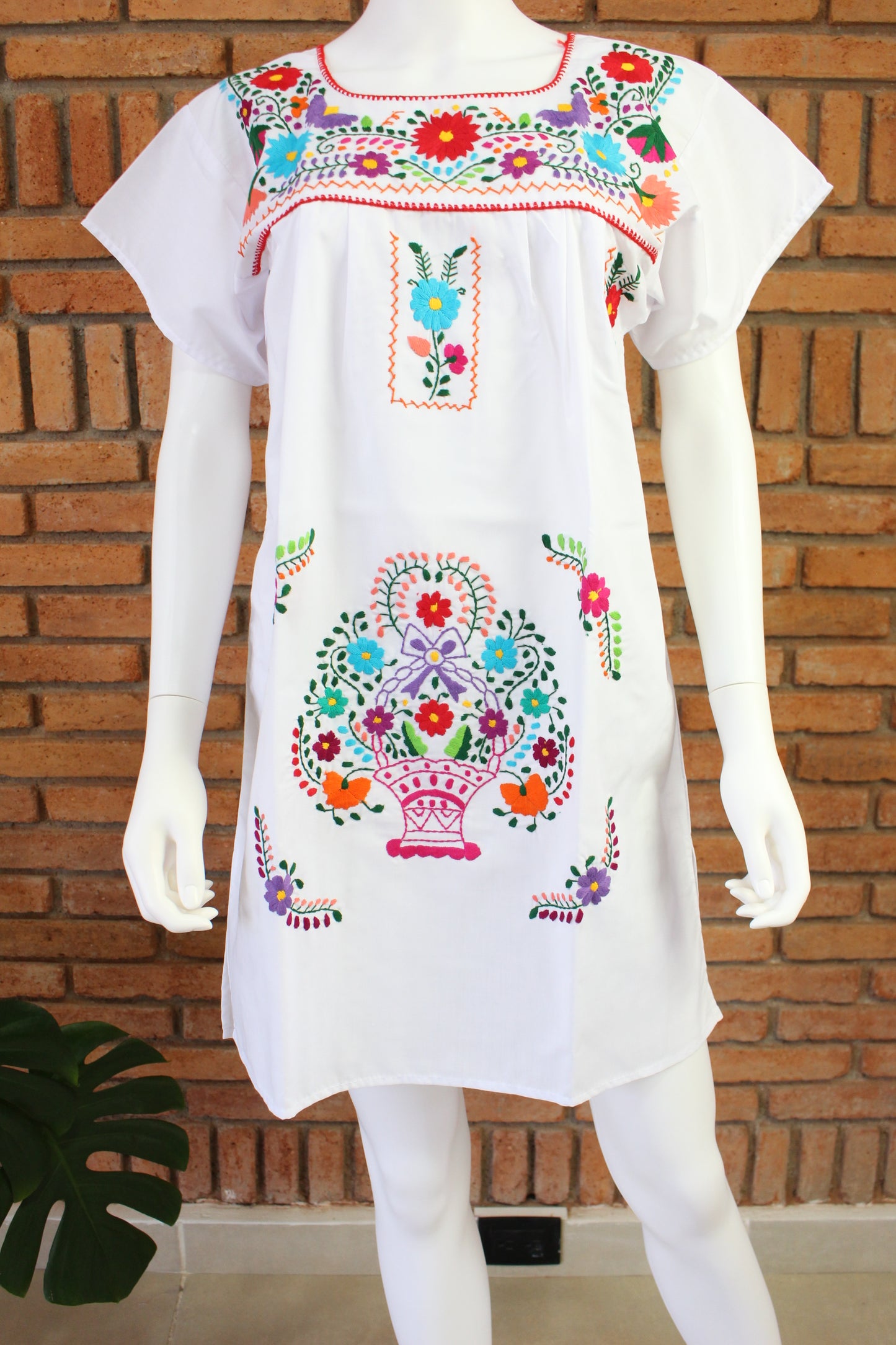 Minivestido Mexicano Bordado a Mano Multicolor/Popelina T-L