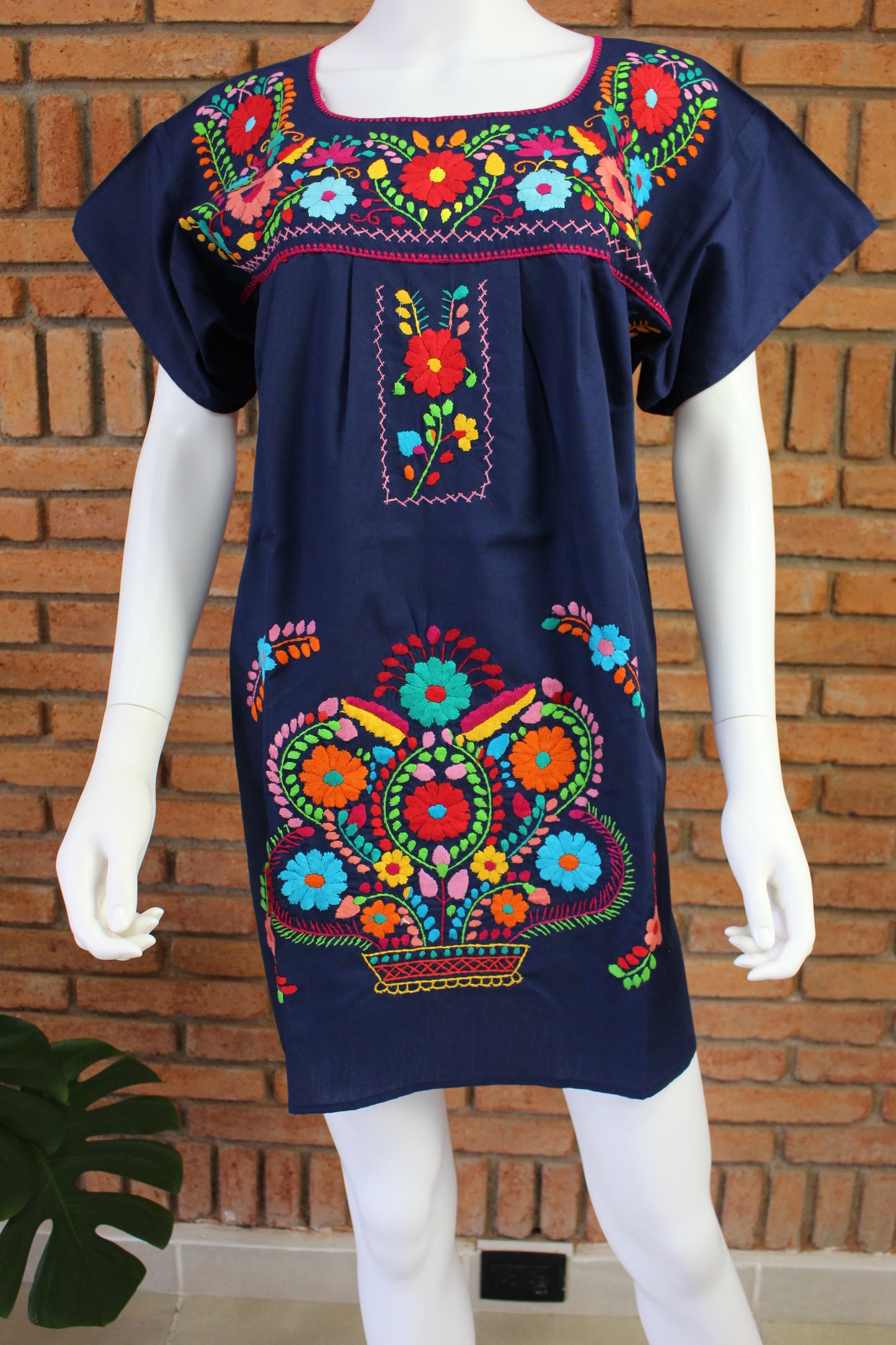 Minivestido Mexicano Bordado a Mano Multicolor/Popelina T-L