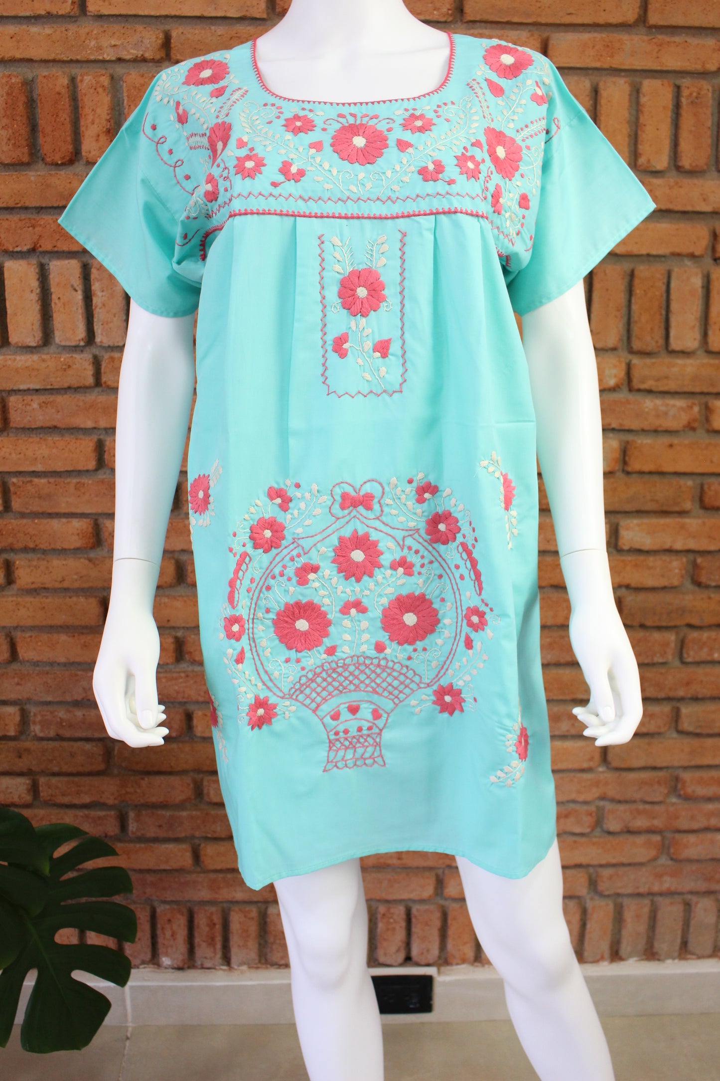 Minivestido Mexicano Bordado a Mano Multicolor/Popelina T-L