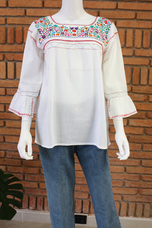 Blusa Mexicana Bordada a Mano Multicolor Manta Blanca Mod. Diana