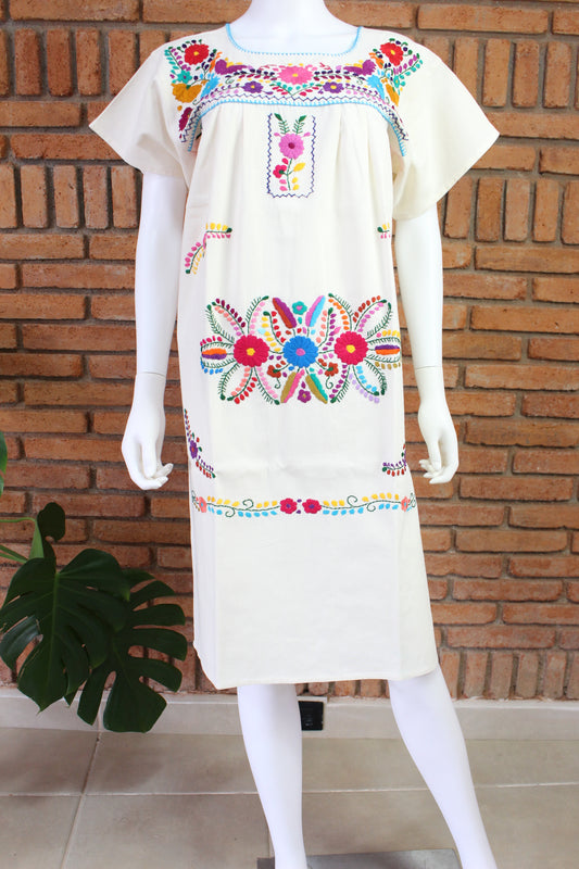 Vestido Mexicano Manta Bordado a Mano Talla Chica