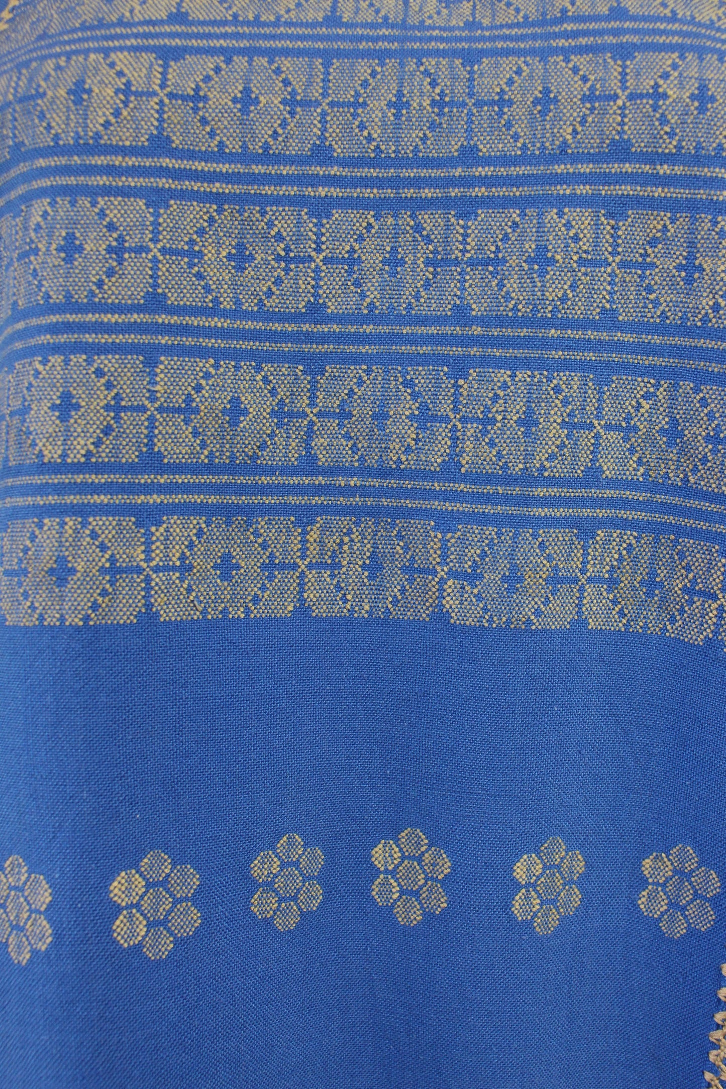 Vestido/Huipil Hecho a Mano Mod. Amuzgo 3 Tiras Azul Rey con brocados Caqui Unitalla.