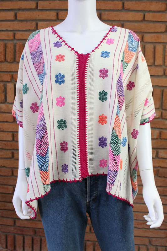 Blusa/Blusón Hecha en Telar Mod. Paloma Beige/Multicolor Unitalla.