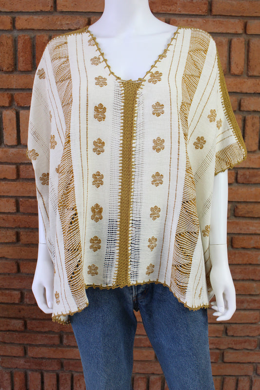 Blusa/Blusón Hecha en Telar Mod. Paloma Beige/Mostaza Unitalla.