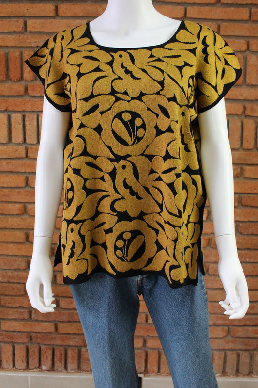 Blusa Bordada a Mano Negro con Mostaza Mod. Jalapa Unitalla.