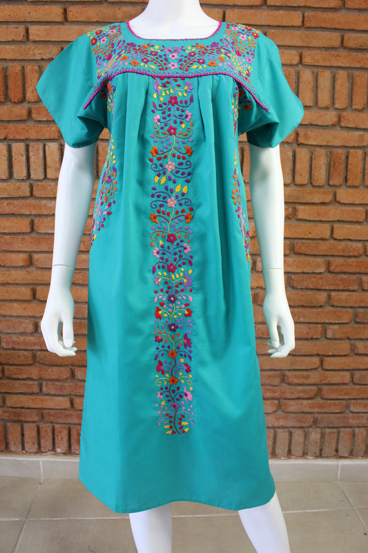 Vestido Mexicano Bordado a Mano Multicolor Mod. Florecita Popelina Talla Chica.