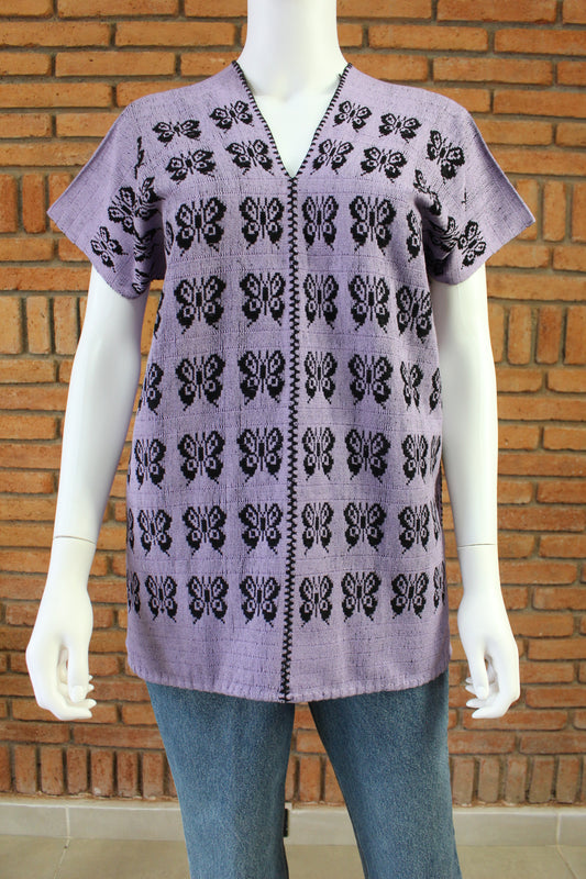 Blusa Hecha a Mano Lila con Negro Mod. Mixe 2 Lienzos Unitalla.