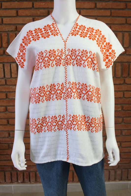 Blusa Hecha a Mano Blanco con Naranja Mod. Mixe 2 Lienzos Unitalla.