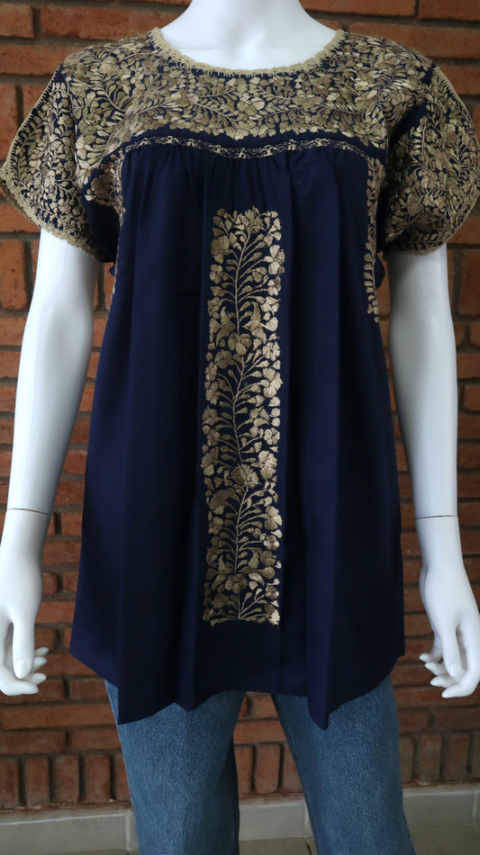 Blusa Bordada a Mano Azul Marino con Dorado Mod. San Antonino Unitalla