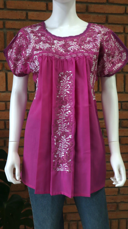Blusa Bordada a Mano Rosa con Palo de Rosa y Blanco Mod. San Antonino Unitalla.