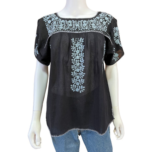 Blusa Bordada a Mano Manta Corrugada Negro Mod. Ita
