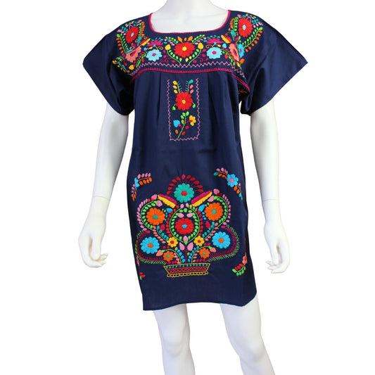 Minivestido Mexicano Bordado a Mano Multicolor/Popelina T-M