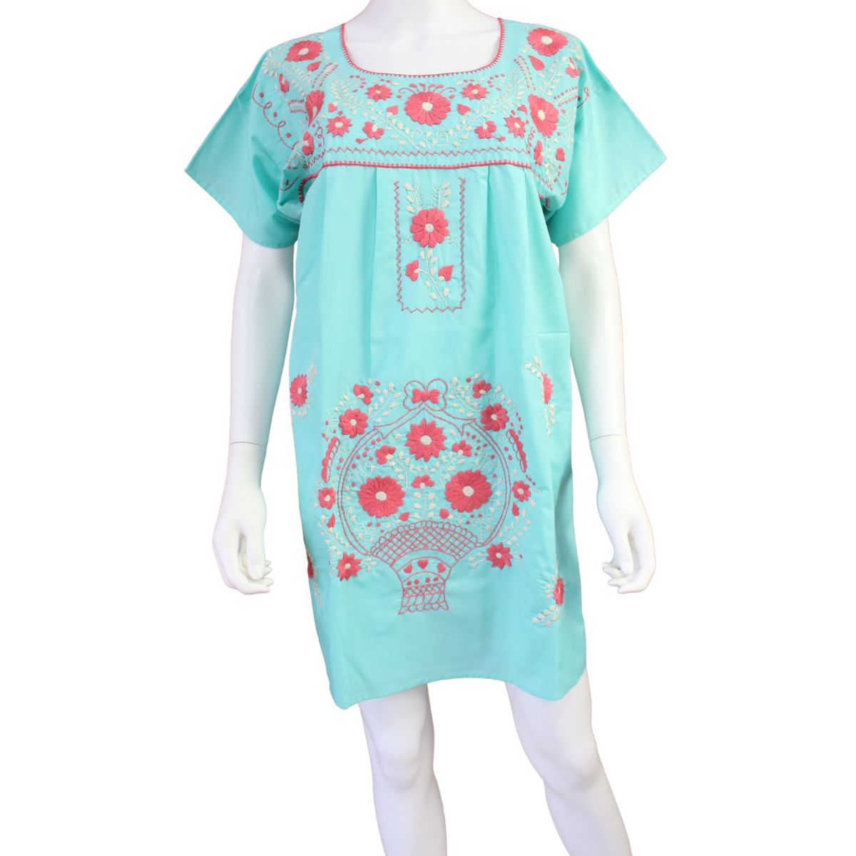 Minivestido Mexicano Bordado a Mano Multicolor/Popelina T-L