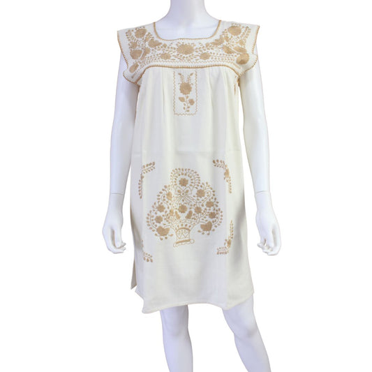 Vestido Mexicano Corto Bordado a Mano Sin Manga Talla Chica