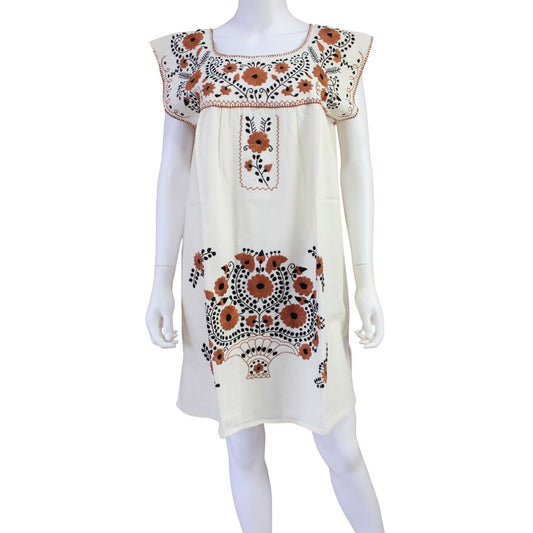 Vestido Mexicano Corto Bordado a Mano Sin Manga Talla Grande