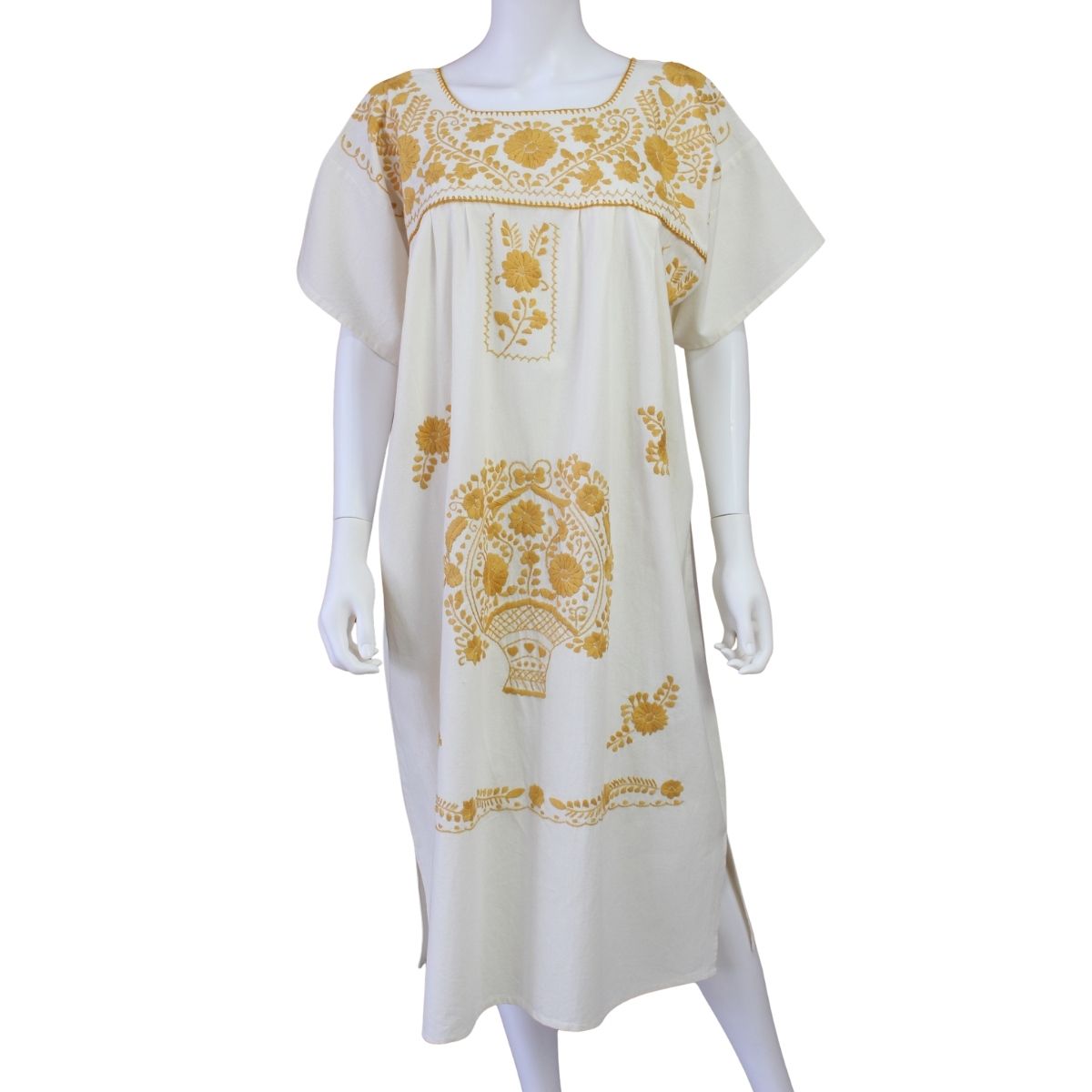 Vestido Mexicano Manta Bordado a Mano Talla L
