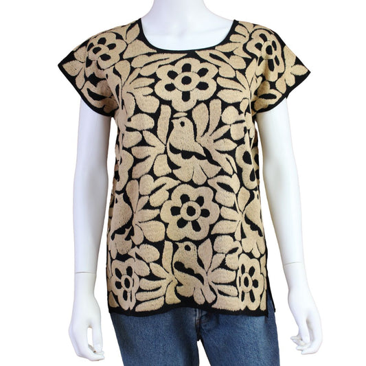 Blusas Bordada a Mano Negro con Caqui Mod. Jalapa Unitalla.