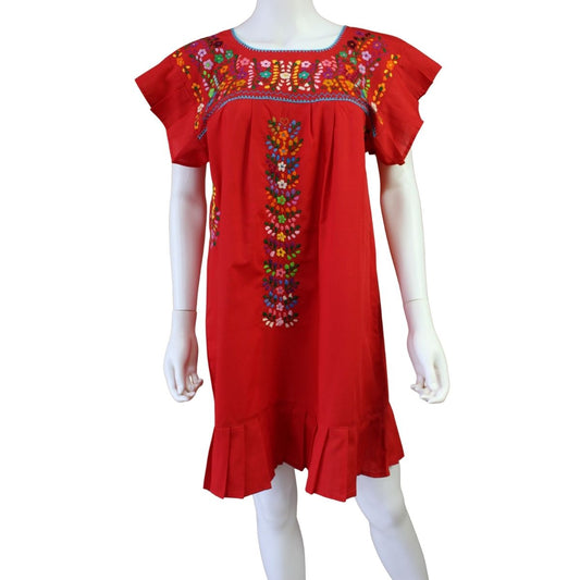 Vestido Mexicano Bordado a Mano Mod. Orquidea Popelina Talla L. (Multicolores).