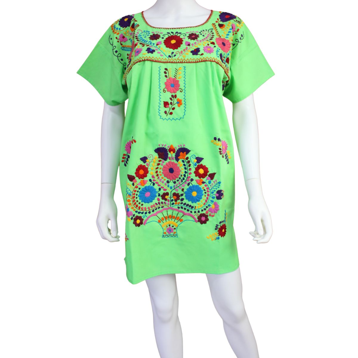 Minivestido Mexicano Bordado a Mano Multicolor/Popelina T-L