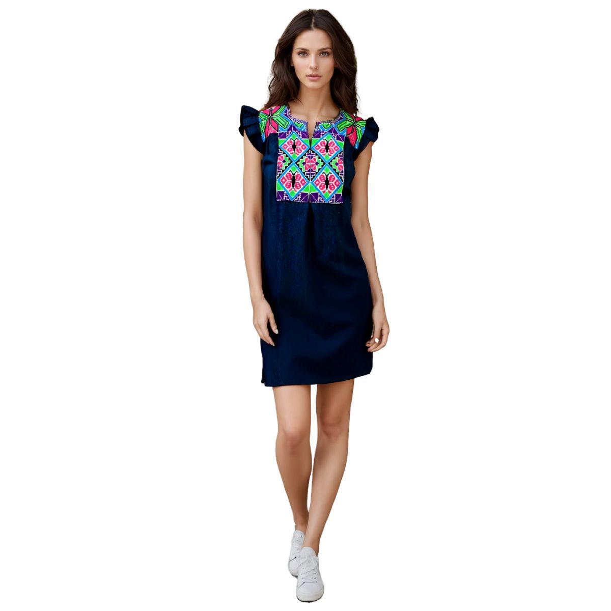 Vestido de Mezclilla con Bordado Ejutla Multicolor Mod. Greca T-M