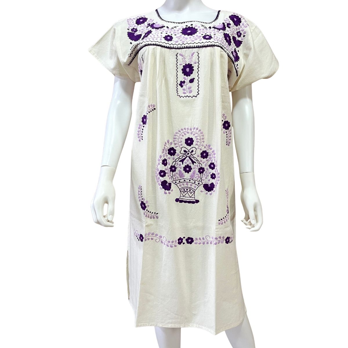 Vestido Mexicano Manta Bordado a Mano Talla M
