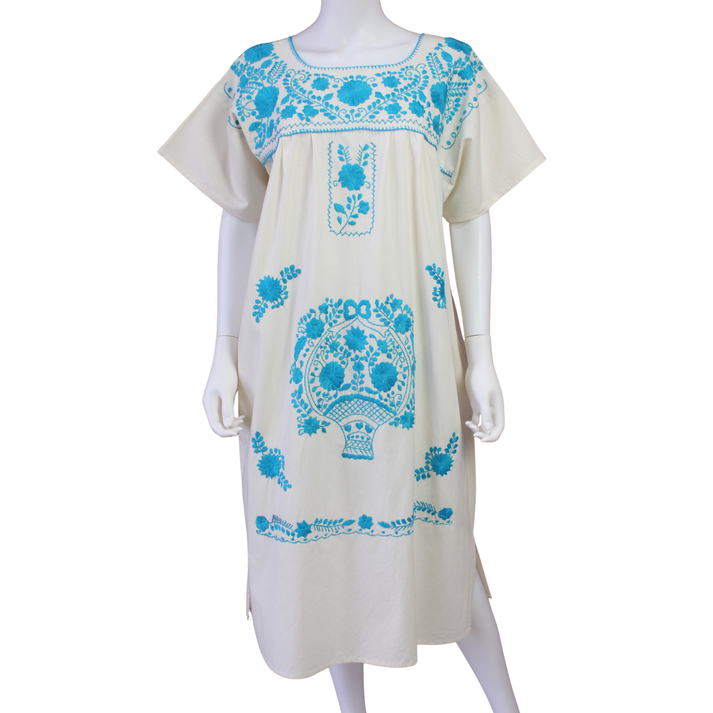 Vestido Mexicano Manta Bordado a Mano Talla L