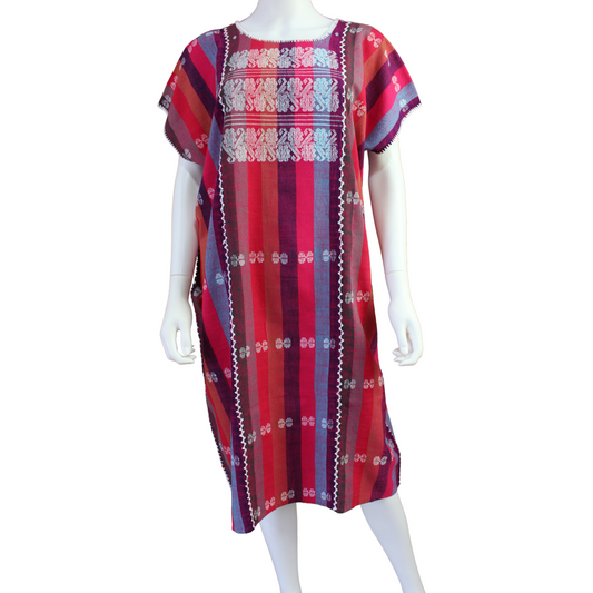 Vestido/Huipil Hecho a Mano Mod. Amuzgo 3 Tiras Multicolor con Blanco Unitalla