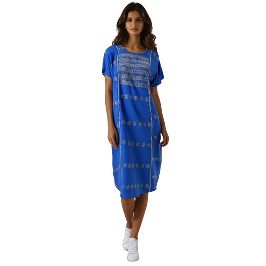 Vestido/Huipil Hecho a Mano Mod. Amuzgo 3 Tiras Azul Rey con brocados Caqui Unitalla.
