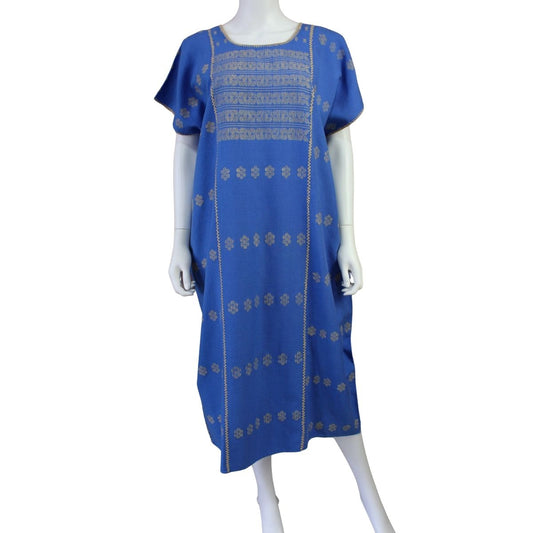 Vestido/Huipil Hecho a Mano Mod. Amuzgo 3 Tiras Azul Rey con brocados Caqui Unitalla.